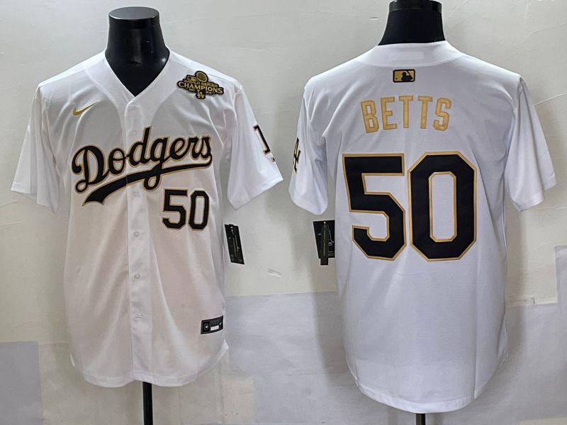Men 2025 Los Angeles Dodgers 50 Betts White Gold Nike MLB Jersey style 6276